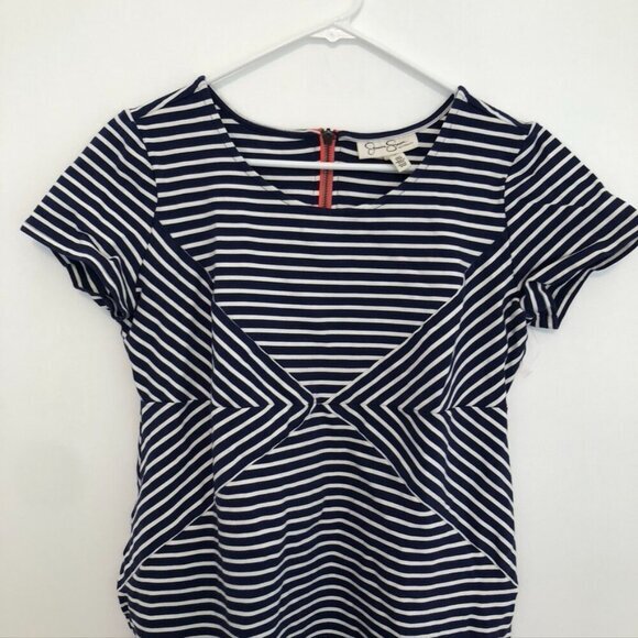 JESSICA SIMPSON MATERNITY Navy Blue White Stripe Coral Zipper Sheath Dress Large - Picture 3 of 12